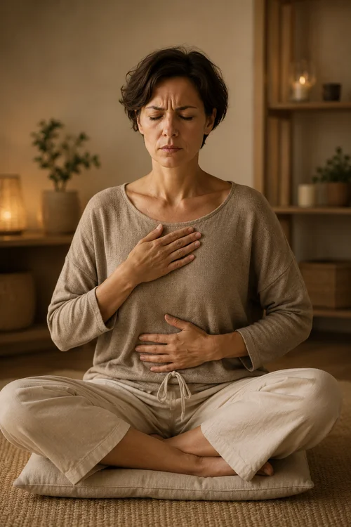 Femme en méditation avec tension intérieure — anxiété permanente, système nerveux, Brest