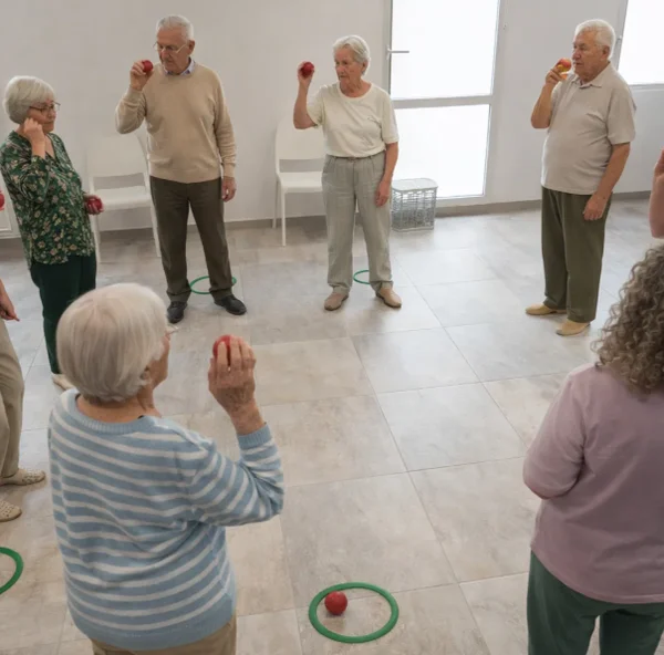 Groupe d'adultes dès 60 ans en mouvement rythmique avec balles — atelier Jeux Corps & Cerveau Brest