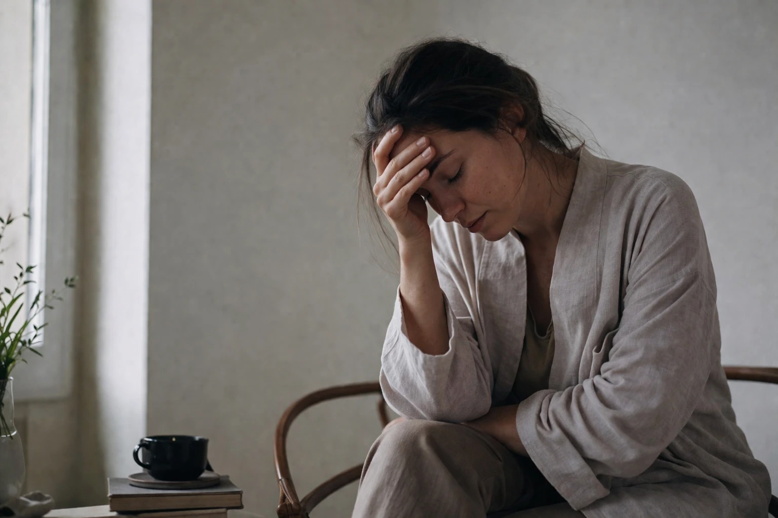 Femme épuisée assise, tête baissée, illustrant le burn-out maternel à Brest