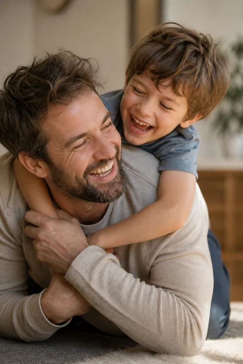 Parent et enfant pratiquant ensemble les exercices d'intégration des réflexes archaïques à la maison