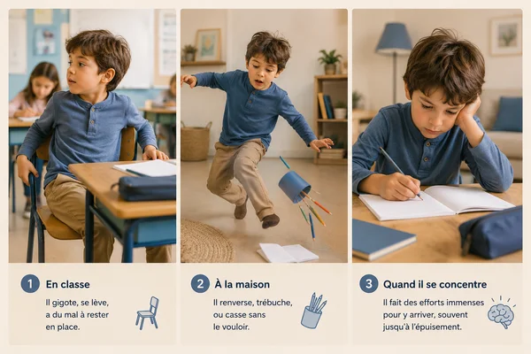 Enfant agité en difficulté à l'école — agitation, maladresse et difficultés scolaires, piste neurologique, Brest