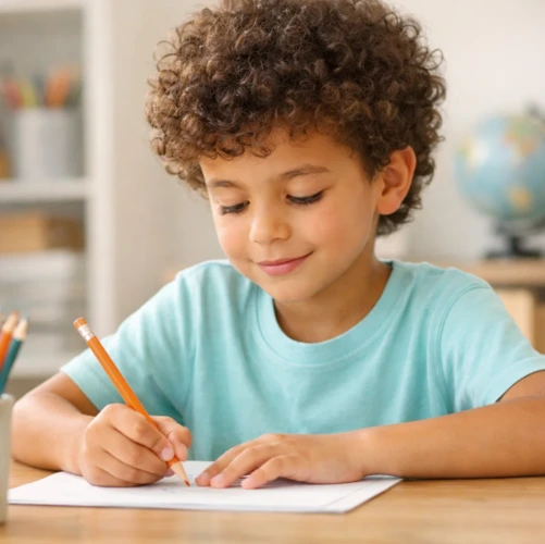 Enfant concentré sur une activité scolaire après un suivi en réflexes archaïques
