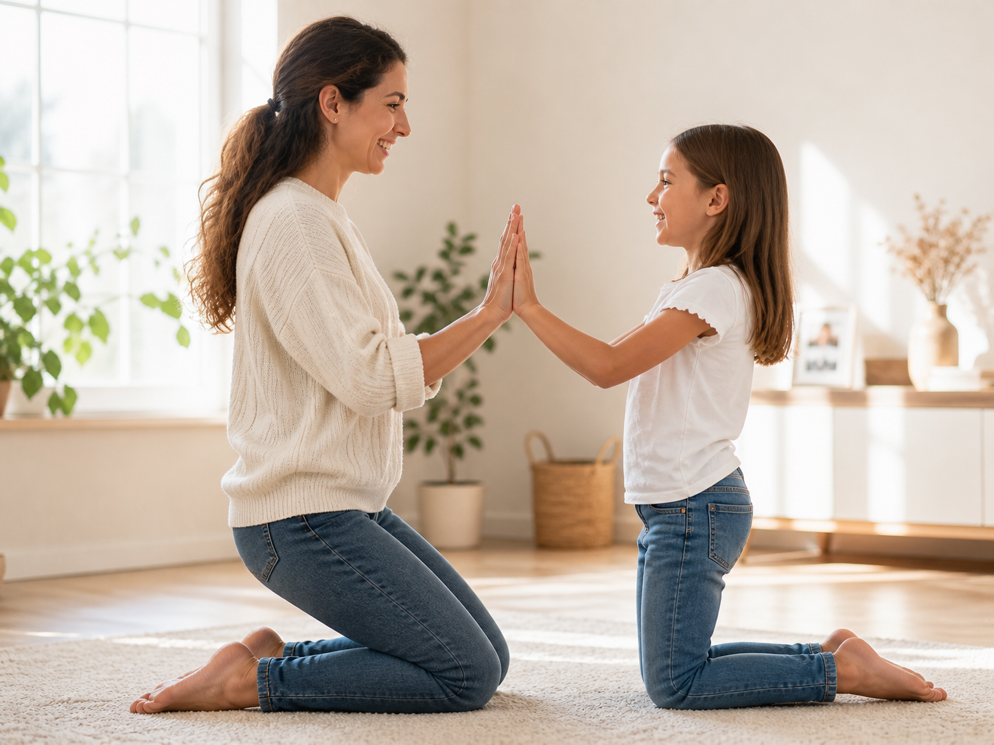 Parent et enfant pratiquant ensemble les exercices d'intégration des réflexes archaïques à la maison