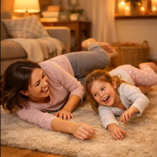 Parent et enfant pratiquant un exercice de réflexes archaïques à la maison