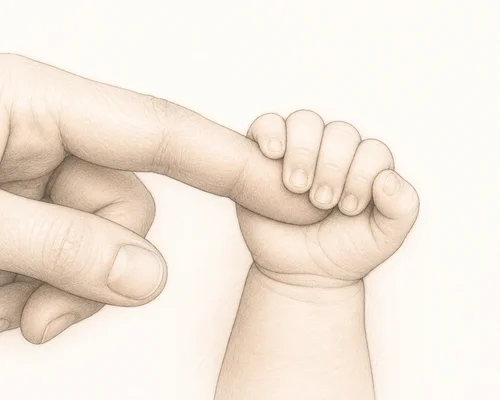 Illustration d'une main de bébé agrippant le doigt d'un adulte illustrant le réflexe palmaire