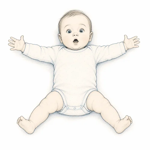 Illustration d'un bébé avec les bras écartés en croix illustrant le réflexe de Moro