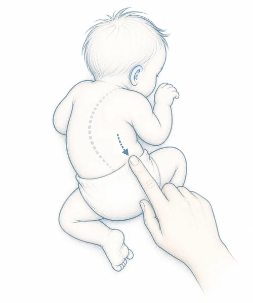 Illustration d'un bébé vu de dos avec une flèche indiquant la stimulation lombaire du réflexe de Galant
