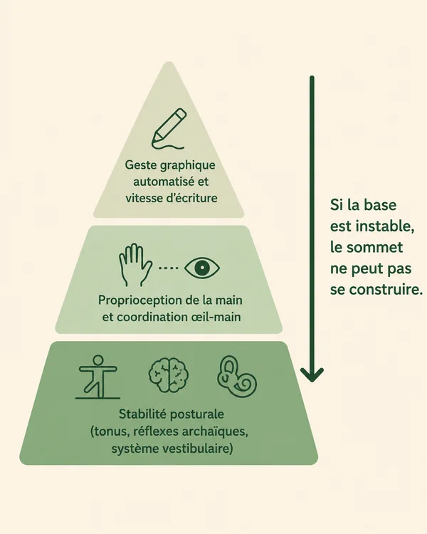 Schéma écriture lente CE1-CE2 — couches neurologiques et réflexes archaïques