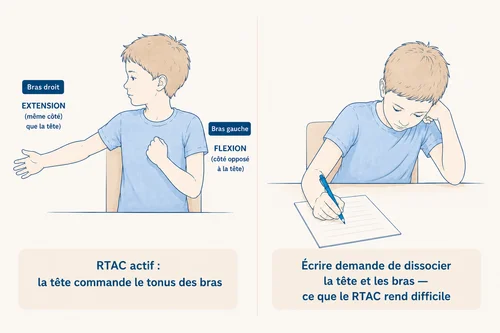 Schéma mécanisme RTAC — rotation tête, tonus bras et ligne médiane chez l'enfant