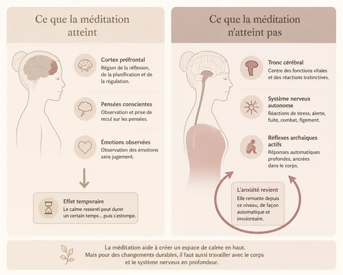 Schéma méditation et anxiété — niveaux neurologiques, réflexes archaïques, système nerveux autonome