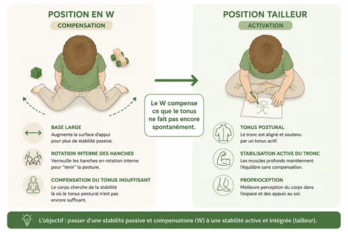 Schéma position en W enfant — tonus, stabilité et réflexes archaïques non intégrés