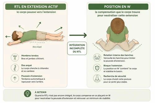 Schéma RTL en extension et position en W chez l'enfant — tonus postural et réflexes archaïques