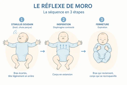 Schéma séquence réflexe de Moro en 3 phases — écartement, inspiration, fermeture