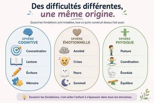 Schéma trois sphères signes réflexes archaïques enfant — cognitive, émotionnelle, physique
