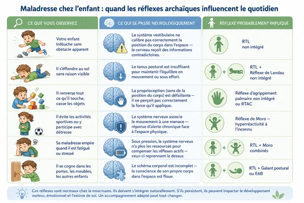 Tableau maladresse enfant — cause neurologique, réflexes archaïques