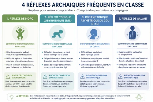 Tableau réflexes archaïques comportements élèves classe — enseignant repérage professionnel